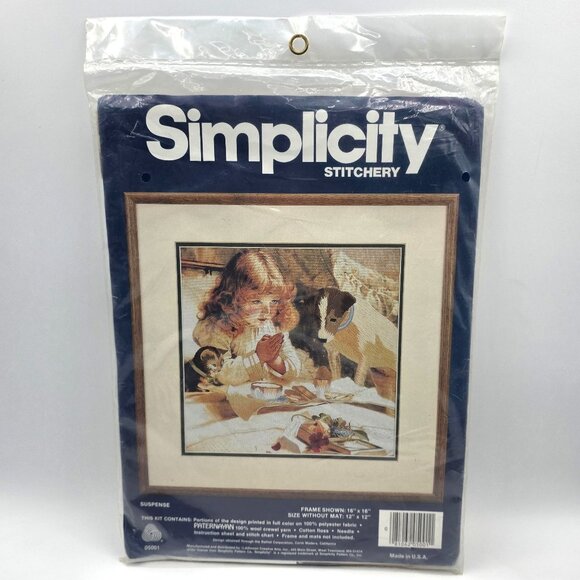 Simplicity Stitchery Suspense Praying Girl Dog Kitten Crewel Yarn Embroidery NIP - Picture 1 of 6